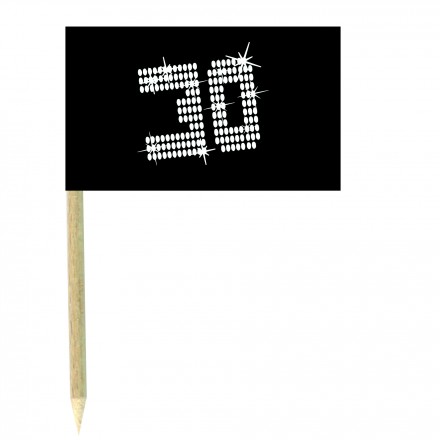 VIP 30th birthday cocktail flag picks - pack of 10 black and white food wood sticks