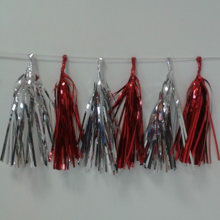 Silver and Red Foil Tassel Garland (12 tassels) Christmas decoration pompom